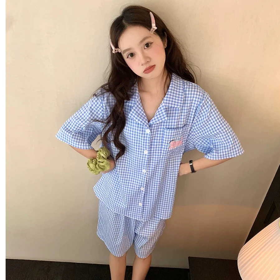 【YUJIA】云朵棉夏季睡衣女刺绣猫咪蓝色格子翻领短袖短裤家居服