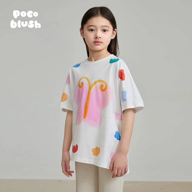 poco blush原创设计蝶舞轻盈印花T恤女童春夏2025新款纯棉上衣