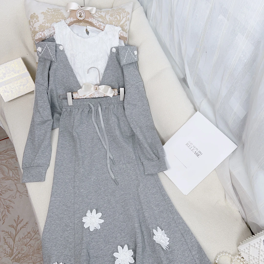 2025【灰暮】温柔系休闲套装女小众假两件上衣搭新款绝美鱼尾裙套装