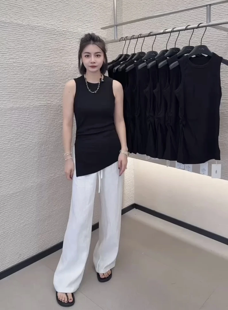 2024夏季新款法式收腰显瘦背心侧开叉t洋气百搭长款短袖坎袖T恤