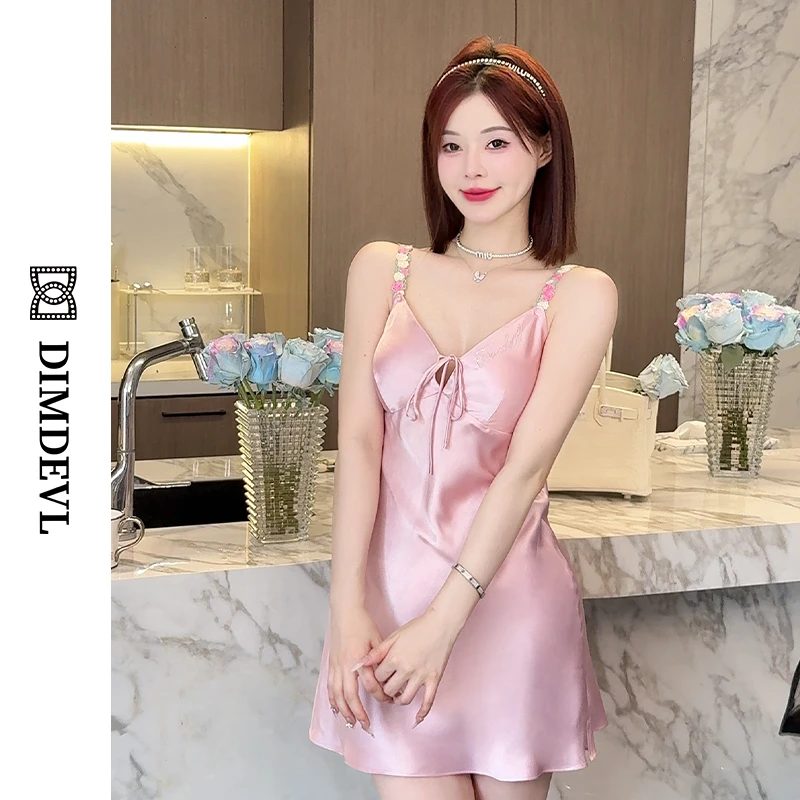 DIMDEVL/汀黛夏季花边系带蕾丝水光缎面仿真丝睡裙网红性感吊带裙