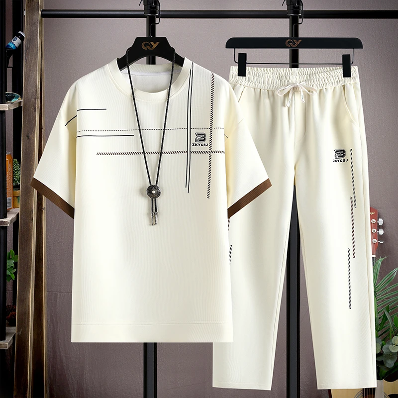 夏季新款男士短袖t恤宽松青少年男生休闲套装半袖运动两件套衣服