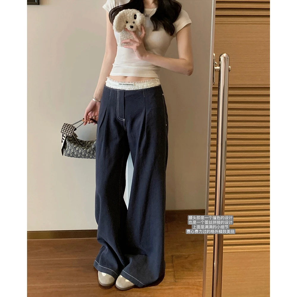 假两件蕾丝拼接腰头设计感水洗棉阔腿裤女宽松小众复古长裤36056