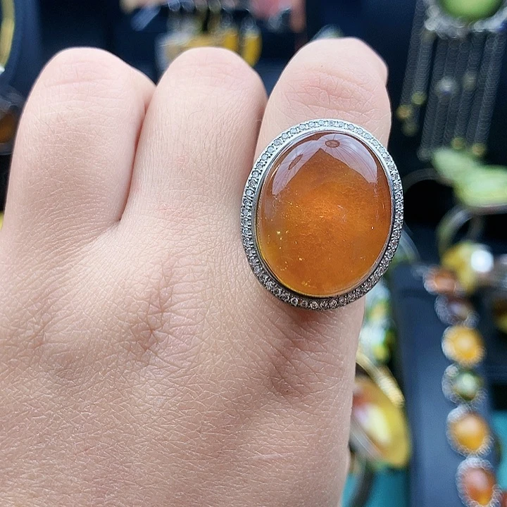 琥珀裸石银S925镶嵌戒指