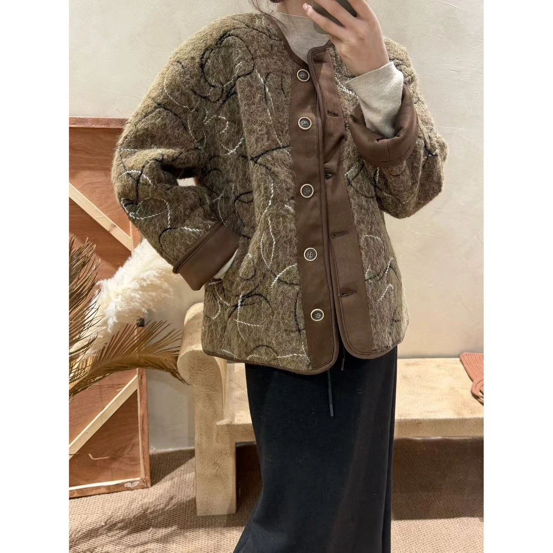 落寞莉 【麂皮绒外套】韩版麂皮绒刺绣显瘦新款高级感提花棉服外套