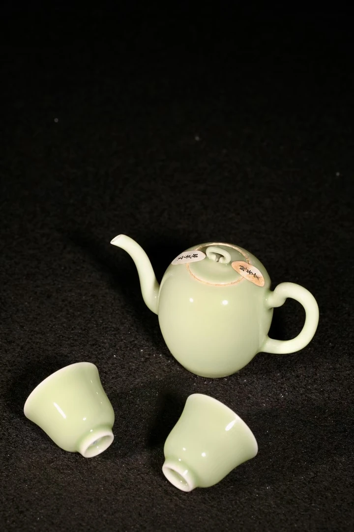 晓芳窑 早期作品 单色釉 碧清釉美人尖壶套组 一壶俩杯复古陶瓷