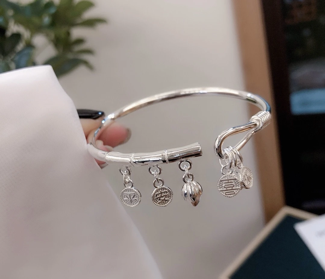 足银手镯 足银999.平安喜乐实心足银手镯首饰镯子