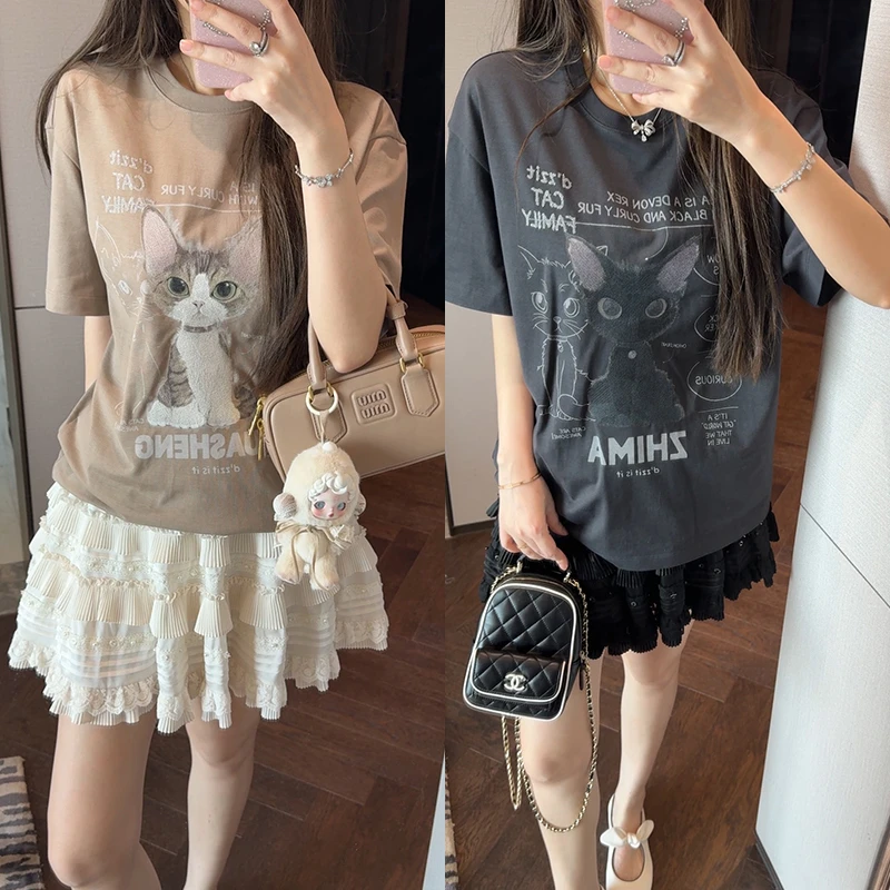 【mimius】七七 复古趣味可露丽猫咪印花休闲短袖上衣 G04567