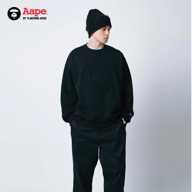 Aape旗舰店男装24秋冬猿人圆章压凸印花厚绒休闲圆领卫衣B338XXN