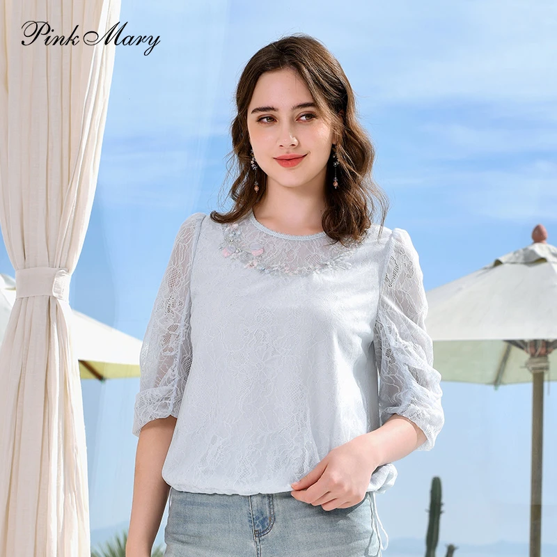 Pink Mary/粉红玛琍新中式钉珠刺绣雪纺衬衫女气质宽松PMAOS1138