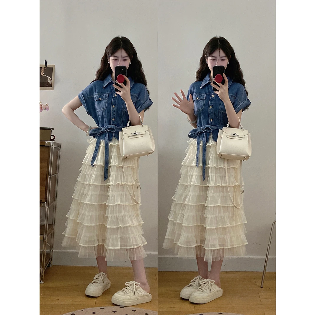 大码气质轻奢蕾丝拼接牛仔短袖连衣裙夏新款时尚长裙假两件