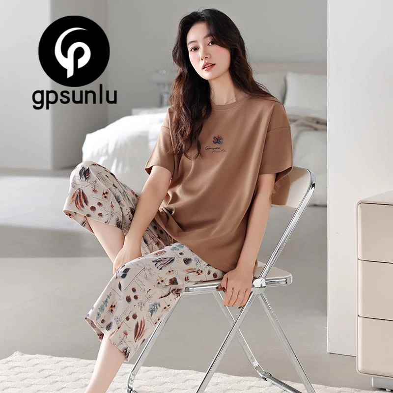 GPSUNLU带胸垫女士睡衣夏季纯棉短袖夏款休闲圆领加大码家居服