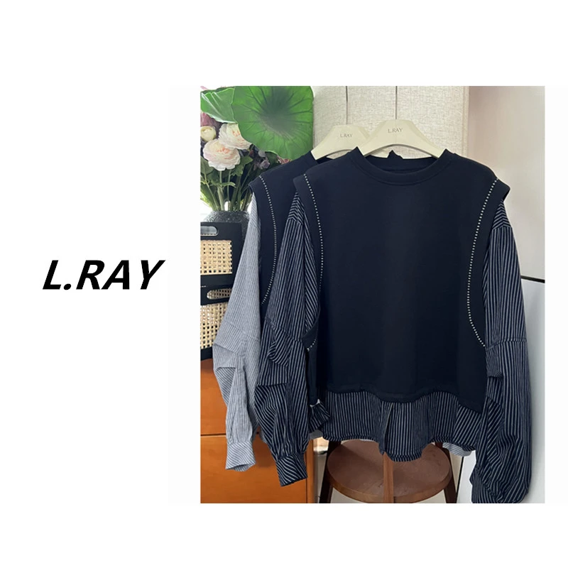 L.RAY-设计感条纹长袖圆领假两件衬衫女2025秋季新款宽松休闲上衣