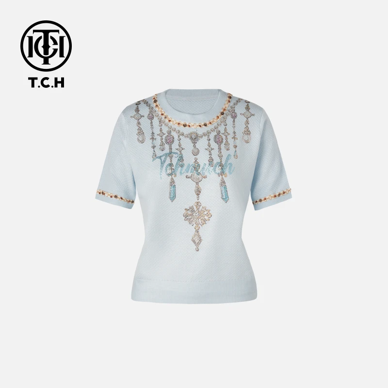 TCH私服烫钻工艺时尚休闲百搭舒适针织T恤女T75B09E5031轻奢tch