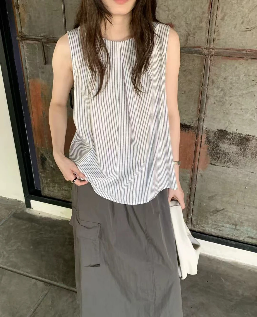 abow@2829 韩系ins设计感条纹无袖背心上衣（30亚麻➕60天天）6-7