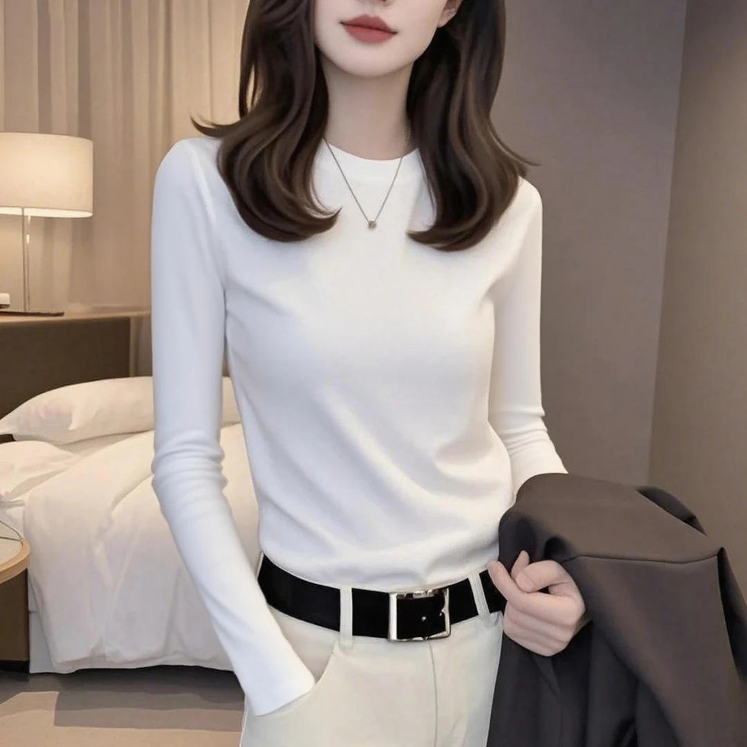 2025秋冬季新款半高领长袖内搭女打底衫修身显瘦白色上衣百搭t恤