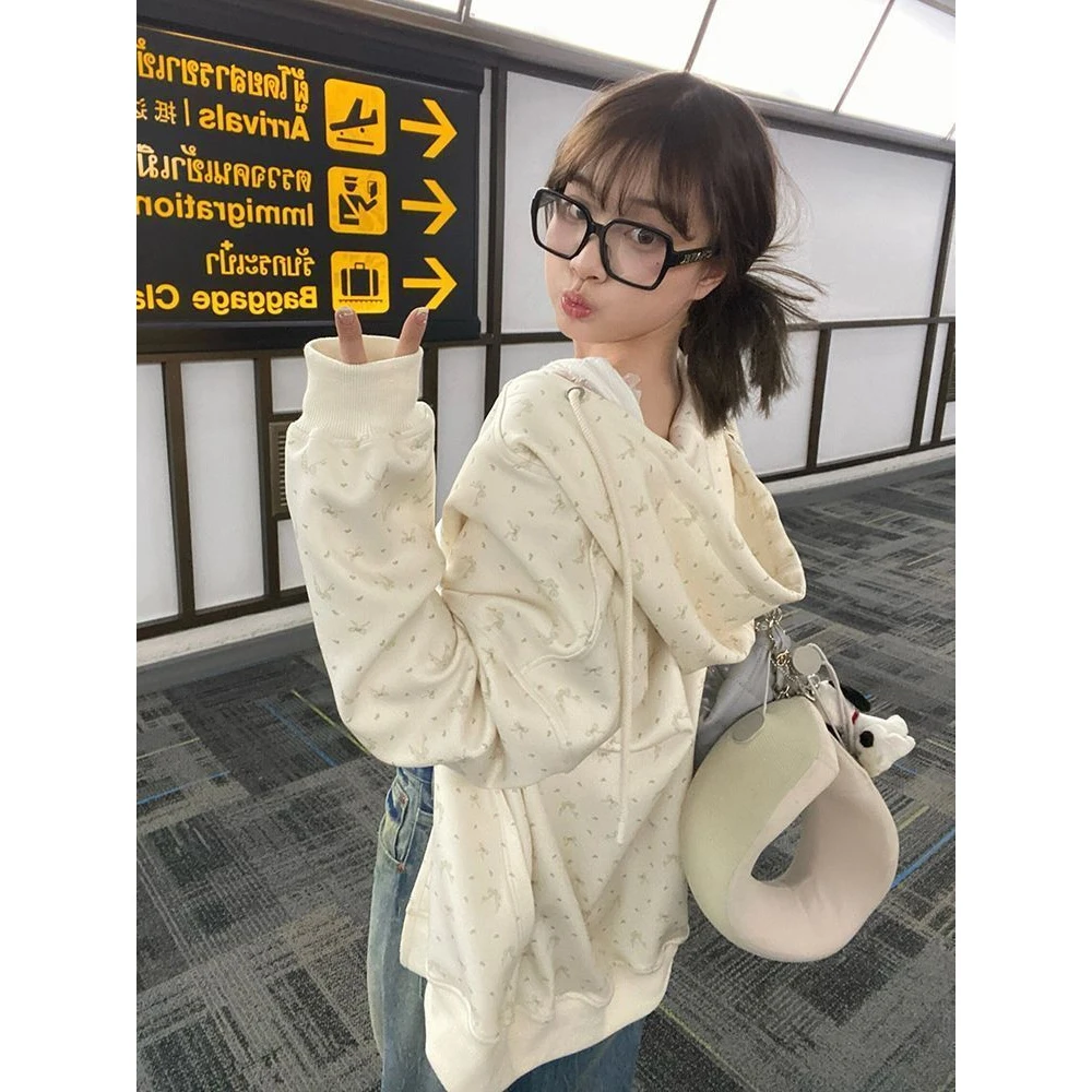 小碎花连帽卫衣外套女2025新春新款开衫休闲慵懒复古百搭甜美帽衫