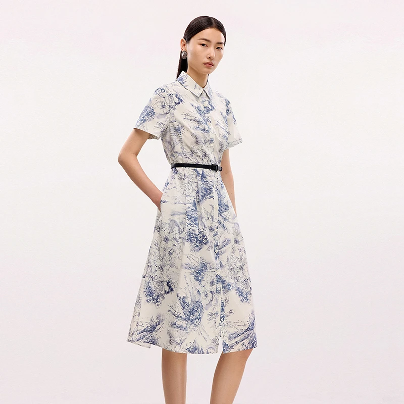 【商场同款】夏季新款法式印花POLO衬衫领气质收腰A字棉连衣裙
