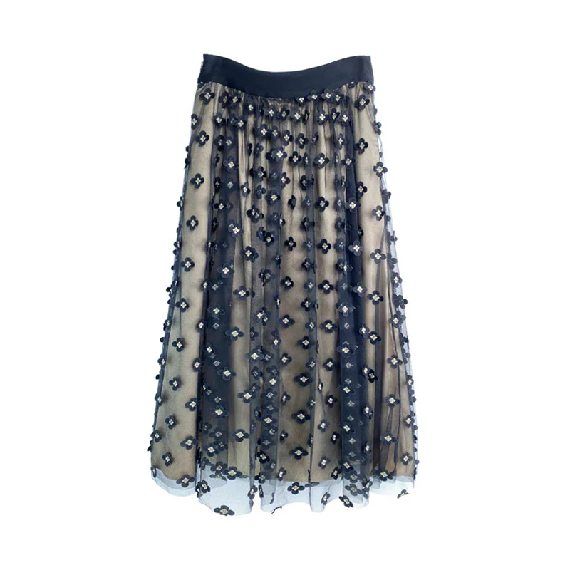 【晨粉专享价】轻奢优雅撞色腰头立体贴花纱裙KM1U195AA