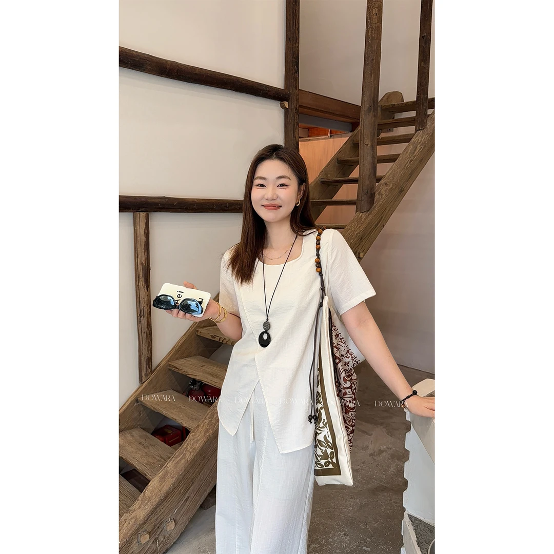 大婉酱微胖定制【森脉套装】交叉不规则上衣女休闲长裤两件套 8622D