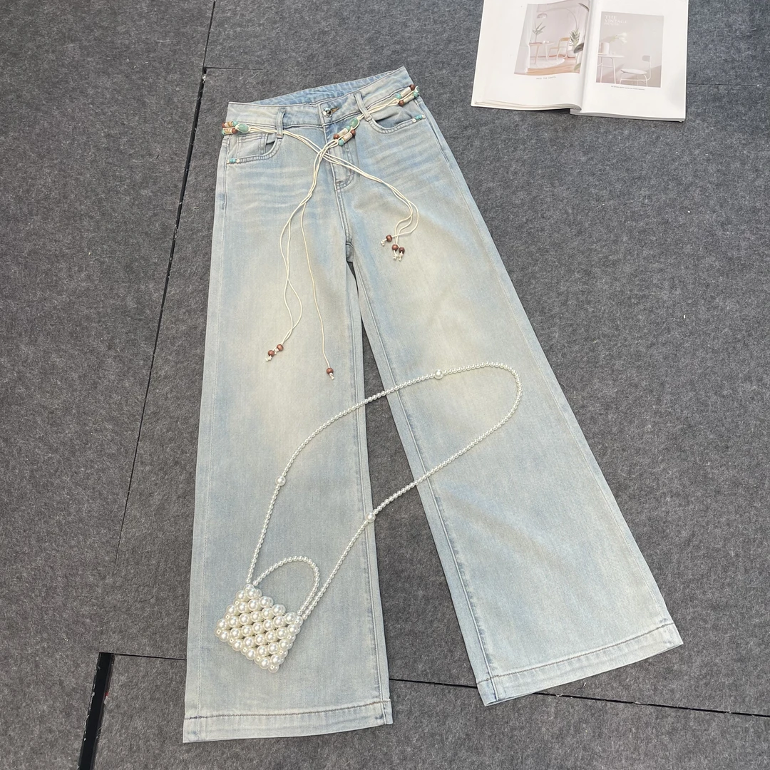 【南油张贝贝】25S新款小众设计感高腰显瘦遮肉直筒牛仔裤35129