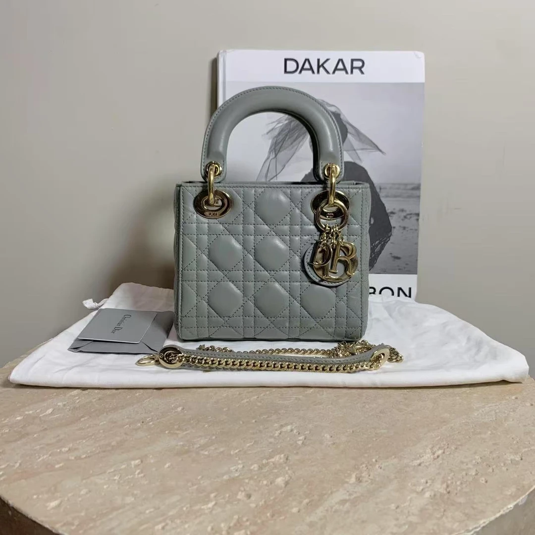 99新 DIOR/迪奥 壹臻/ 灰绿色金扣三格戴妃包 21年 31206762