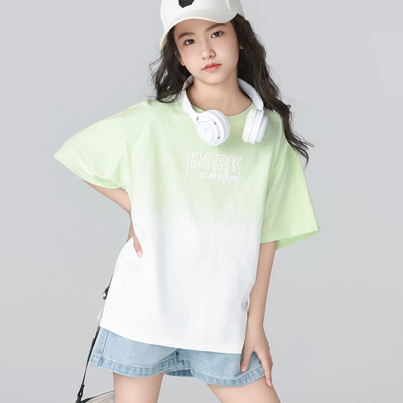 女童短袖T恤夏季洋气时髦儿童纯棉上衣渐变女孩夏装大童半袖体恤