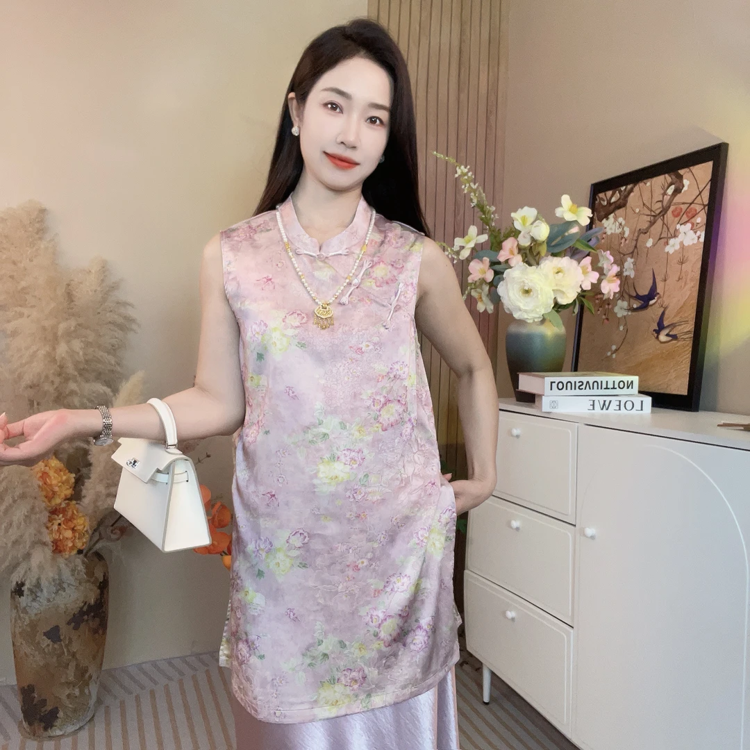 夏季2025新款上衣中国风小衫新中式女装国风立领提花气质无袖衬衫