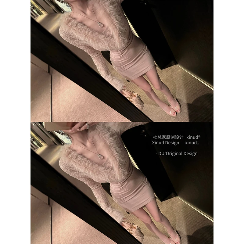 杜总家 娇艳欲滴*原创女人味优雅气质包臀a字可拆毛领内搭连衣裙