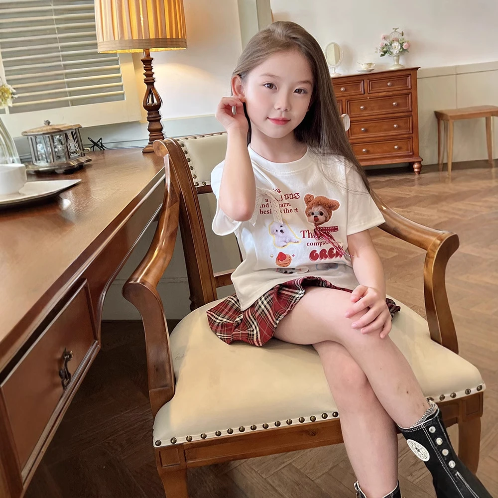 新款女童白色纯棉蝴蝶结小狗短袖立体T恤夏季儿童女宝宝印花上衣