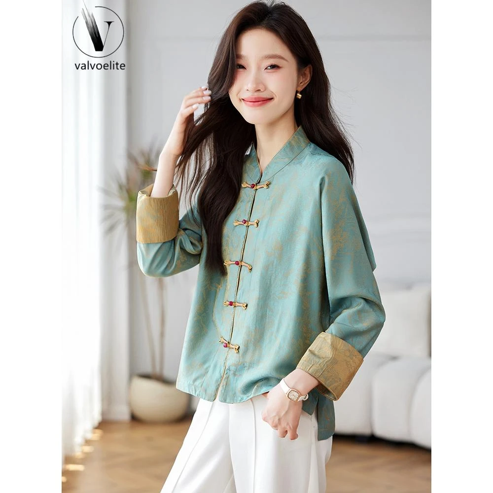VALVOELITE新中式国风盘扣上衣女秋季新款复古立领提花长袖衬衫
