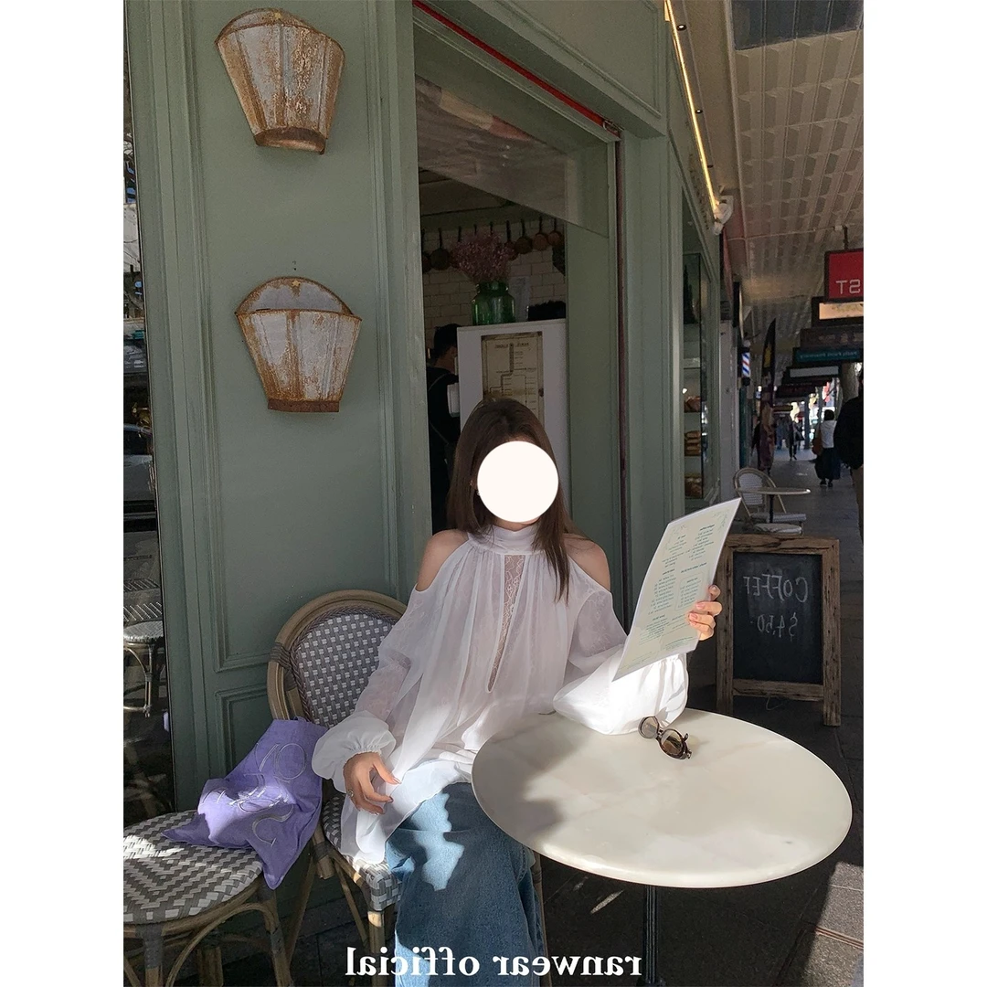 芭蕾白纯欲温柔千金感无袖挂脖蕾丝拼接上衣女