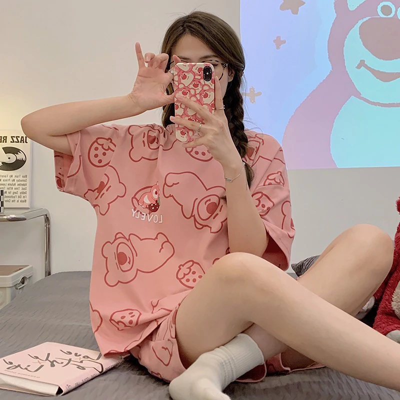 夏季短袖短裤卡通睡衣套装女款可外穿少女学生休闲家居服