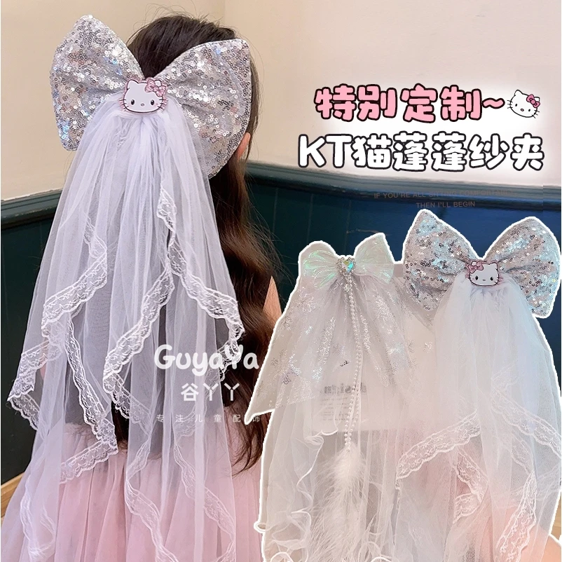 儿童公主蝴蝶结头纱女童婚纱发夹宝宝可爱KT猫发饰小女孩超仙发卡
