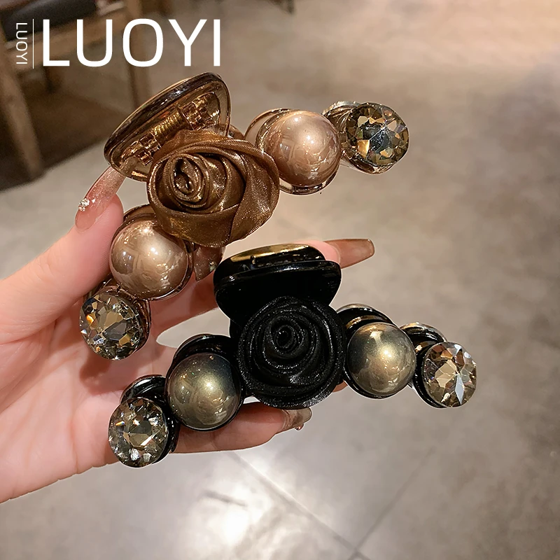 高端玫瑰花珍珠抓夹发饰女网红韩版后脑勺盘发鲨鱼夹新款百搭发抓