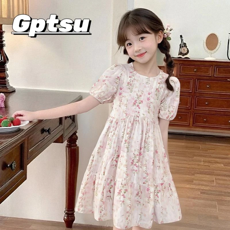 GPTSu女童连衣裙2025夏季新款时尚圆领碎花小清新甜美可爱设计感