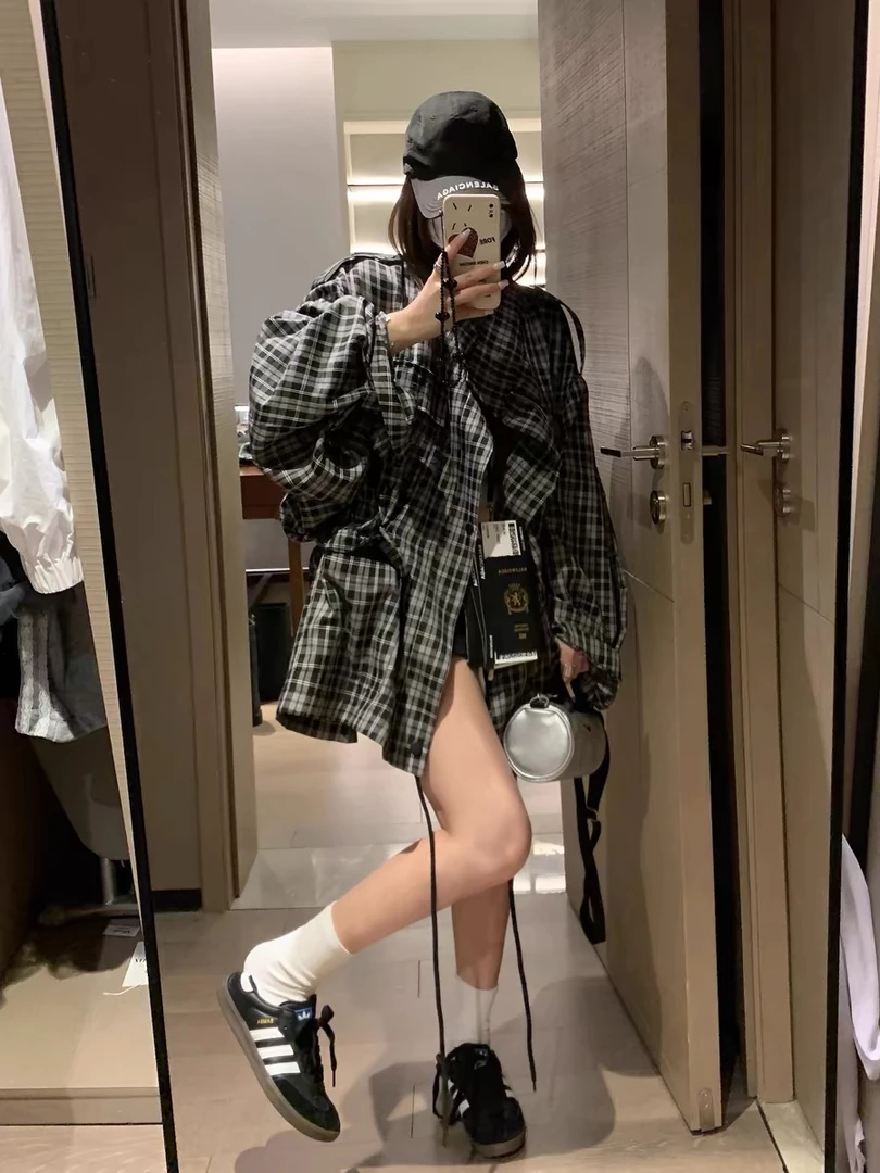 复古格子女外套宽松慵懒设计感风衣夹克工装上衣秋冬休闲百搭气质