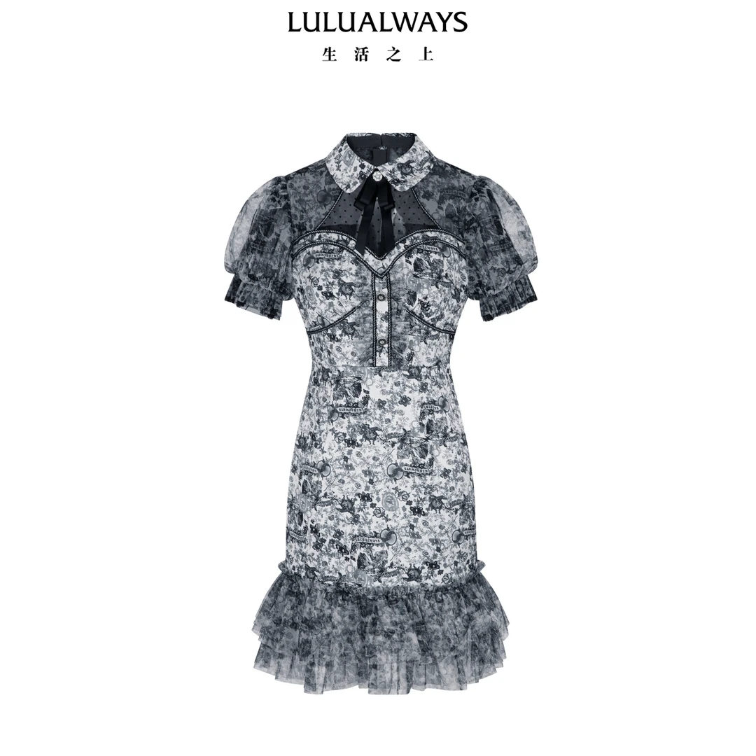 LULUALWAYS我爱露露25夏季新款复古风提花网纱拼接翻领鱼尾连衣裙