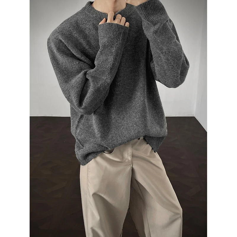 DeweLvum美式慵懒风纯色百搭毛衣男复古潮流圆领宽松针织衫上衣男