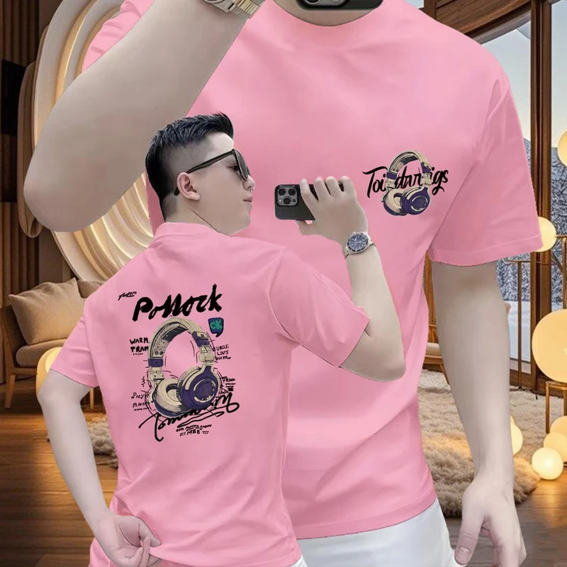 美式痞帅重磅纯棉短袖-OK复古耳机 青年男女潮牌宽松百搭圆领上衣