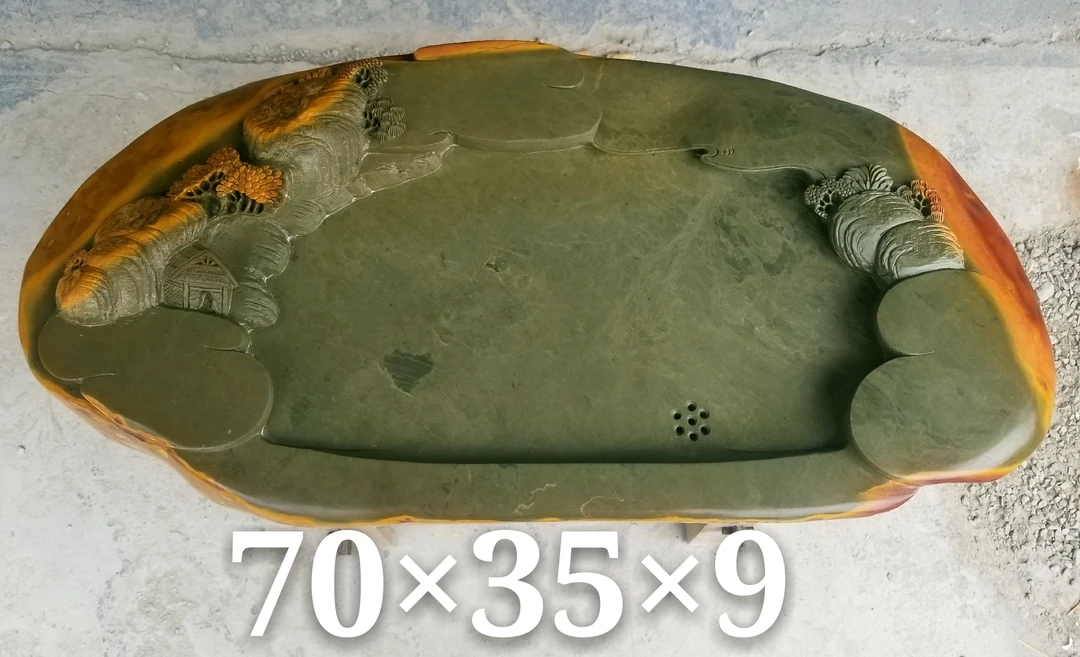 肇庆端砚石茶盘，绿端石《天外之崖》天然原石，手工雕刻。
