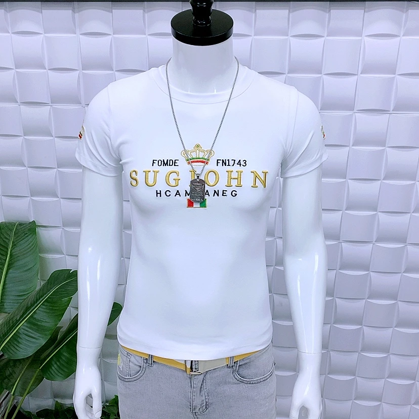 新款男装短袖8986圆领修身版时尚男士百搭刺绣字母潮流T恤半袖