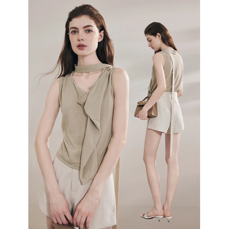 Mix Selection｜轻羽 浅灰绿不规则荡领开襟休闲背心上衣MSBJY0352