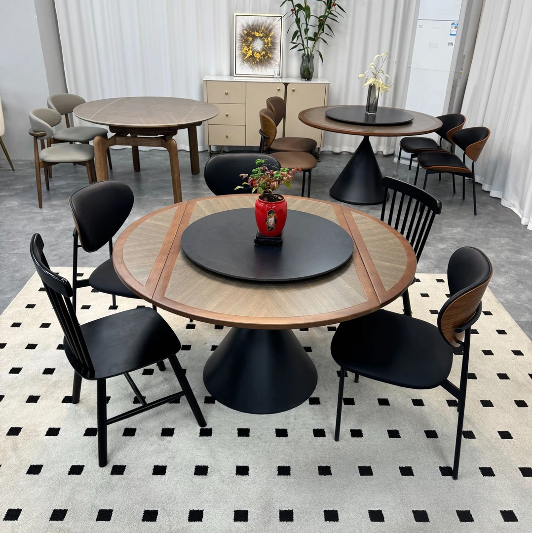 克莱蒙斯中古风拼花岩板餐桌全实木橡木导轨可拉伸餐台新中式家用