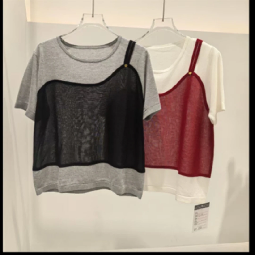 2025年夏季新款女装撞色T恤时尚百搭高级感穿搭红色拼接黑色拼接