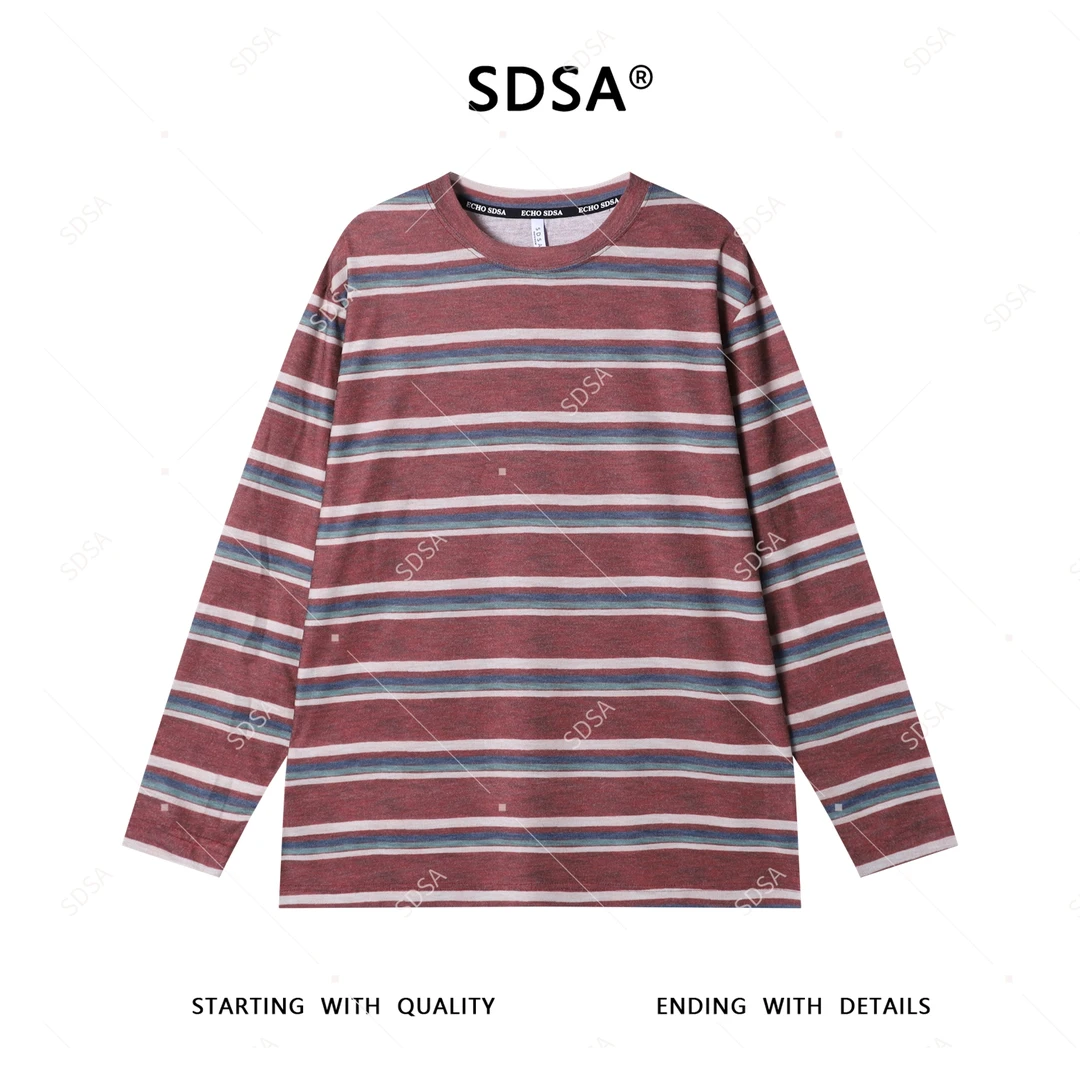 SDSA秋季新款男士痞帅设计师撞色条纹圆领长袖T恤时尚休闲上衣