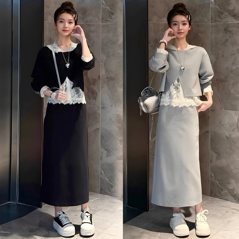 时尚连衣裙开春穿搭一整套韩系显瘦蕾丝拼接连帽卫衣半身裙三件套
