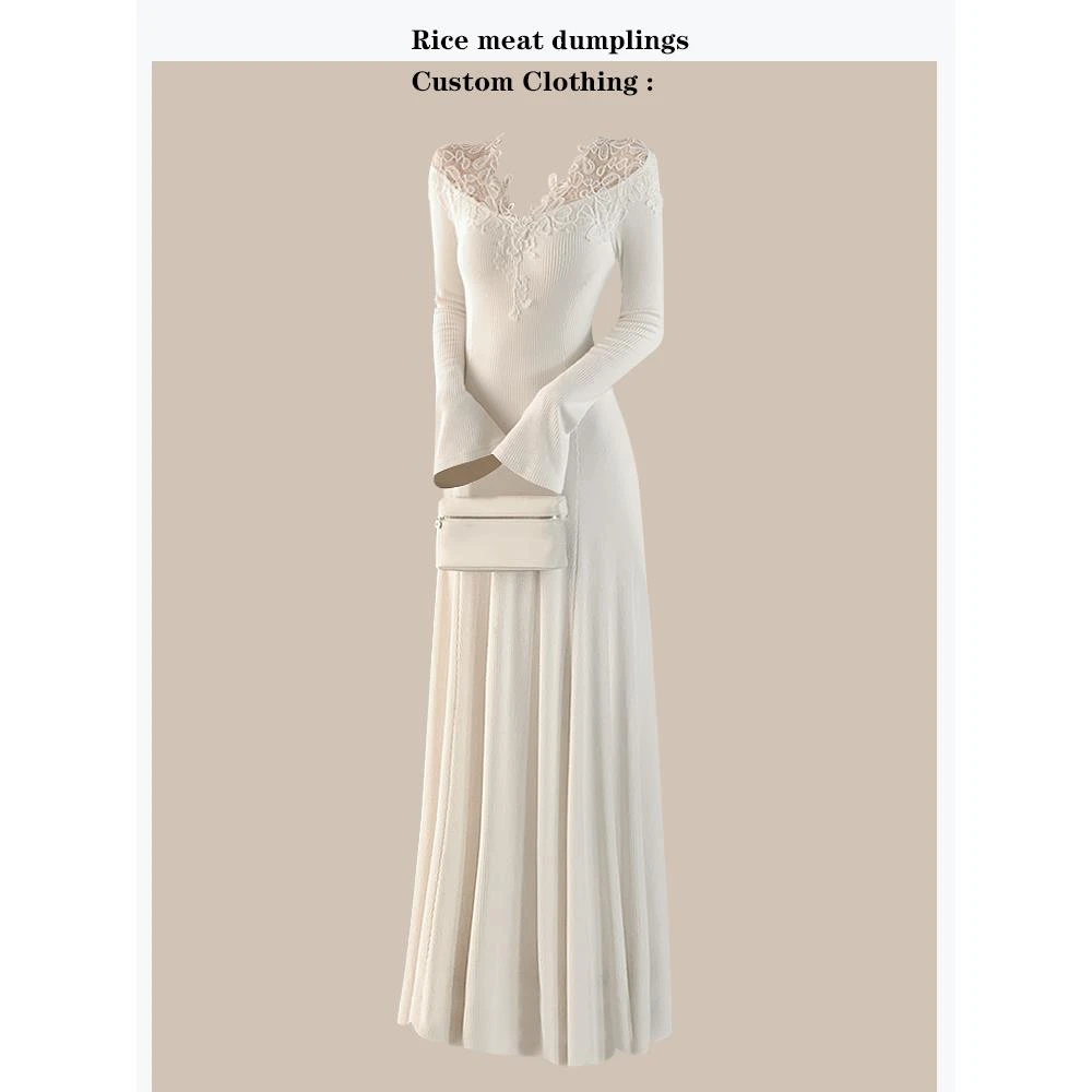 现货不知雪精致重工温柔氛围感蕾丝v领针织连衣裙收腰显瘦a摆长裙