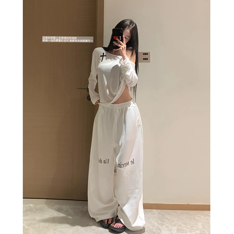 Two Million/防晒罩衫微透斜肩长袖t恤+白色百搭阔腿拖地长裤套装