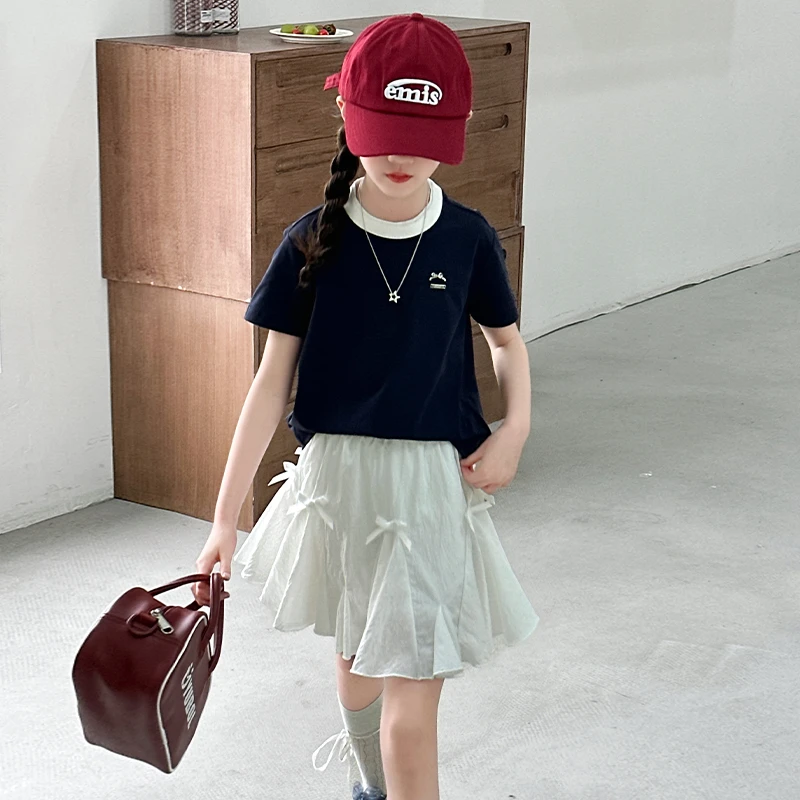 女童夏装套装2025新款儿童洋气短袖上衣中大童蝴蝶结短裙裤两件套